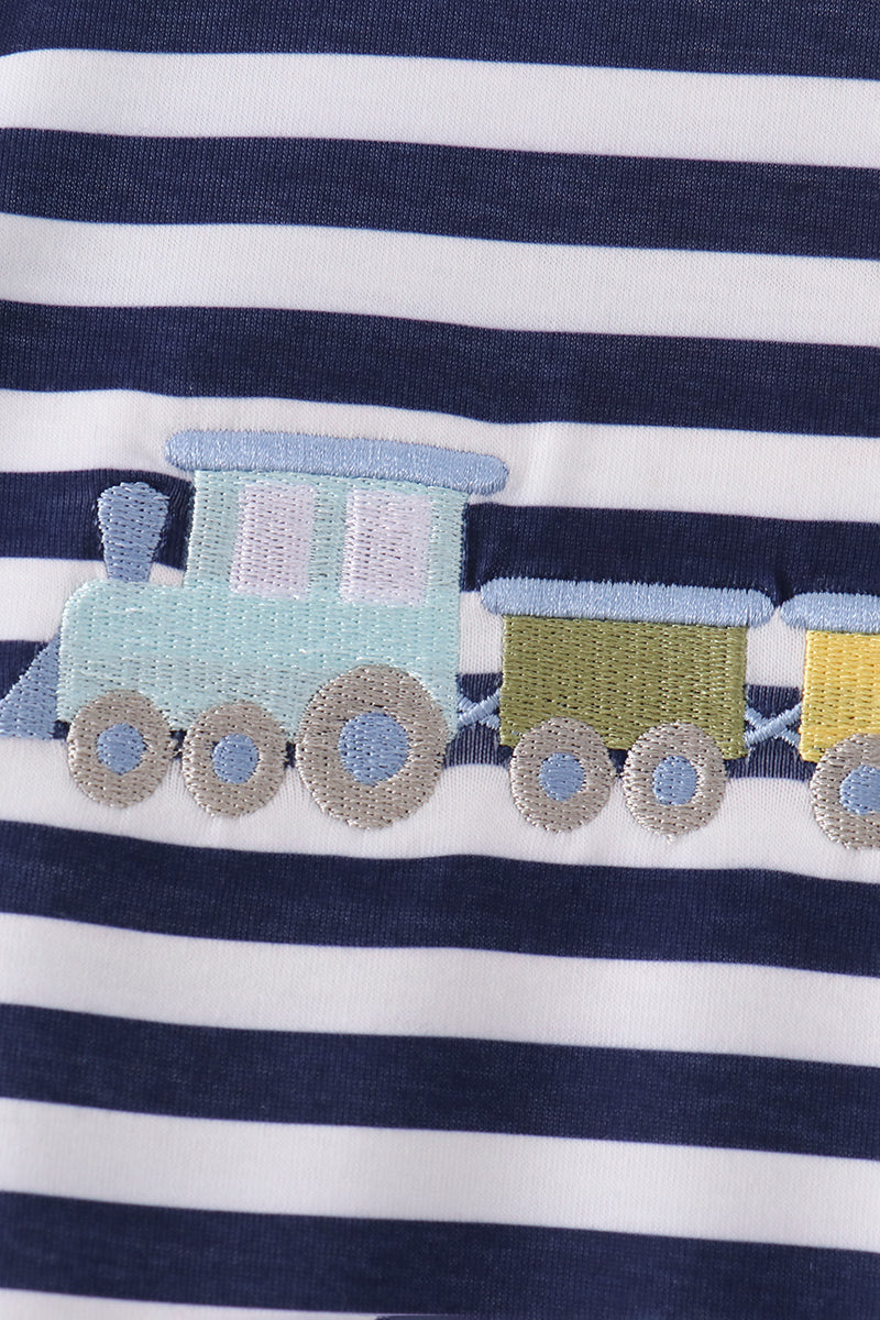Blue train embroidery stripe top