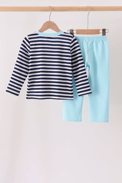 Blue train embroidery stripe pants set