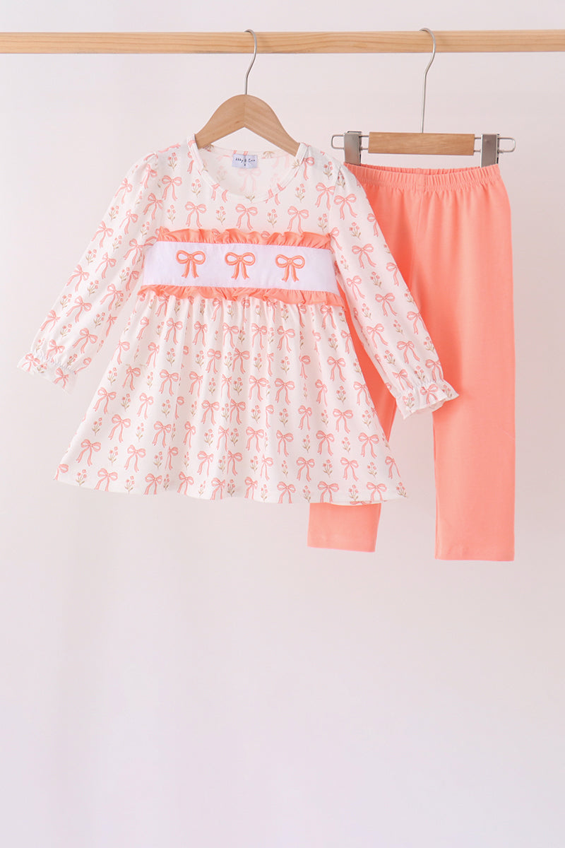 Pink bow embroidery ruffle pants set