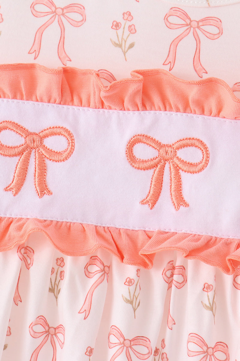 Pink bow embroidery ruffle pants set