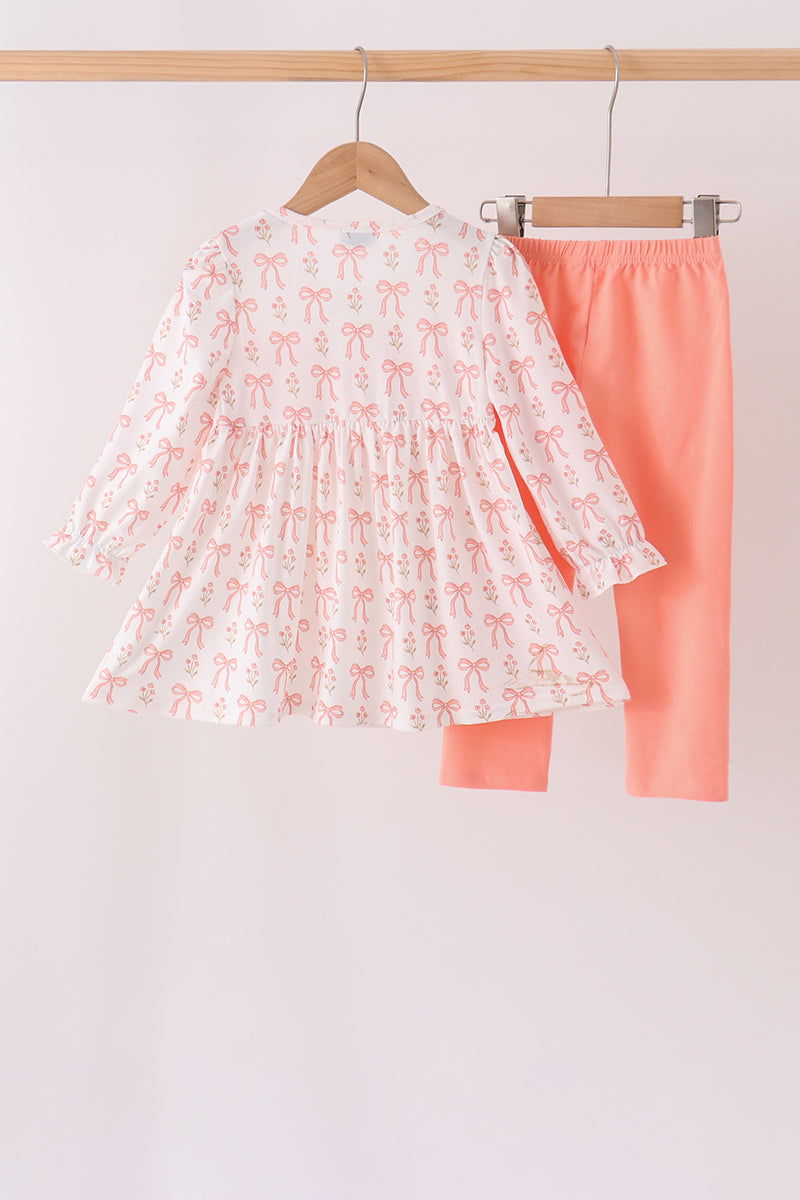 Pink bow embroidery ruffle pants set