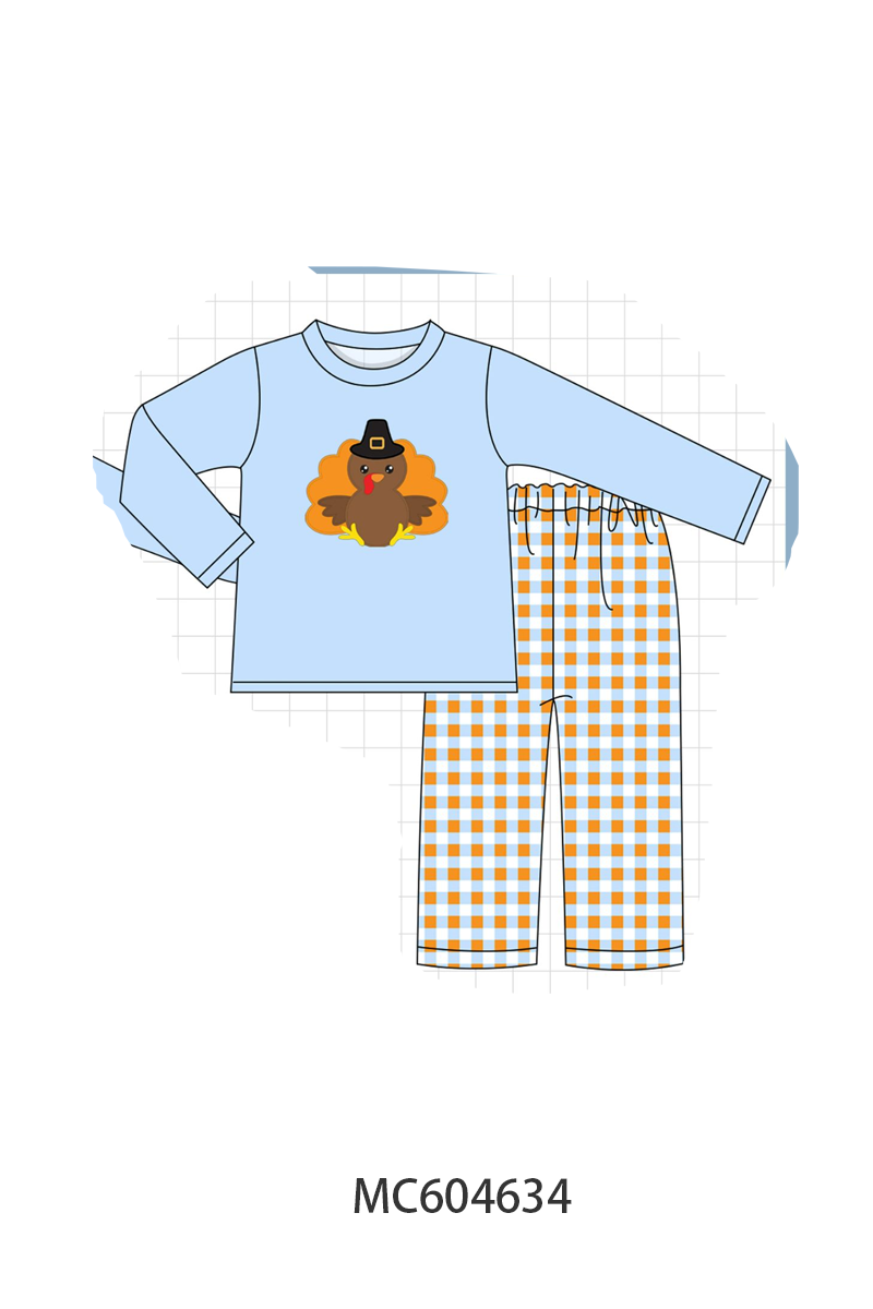 Blue Turkey Applique Gingham Pants Set