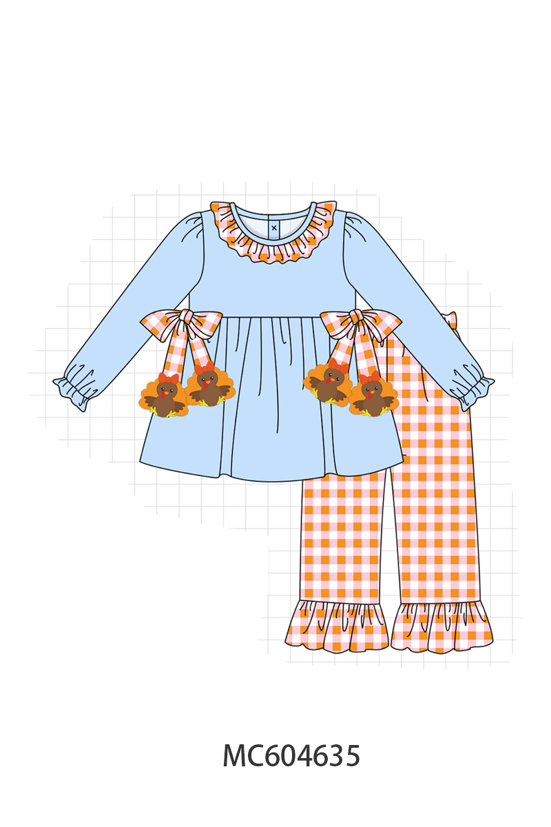 Blue Turkey Applique Gingham Ruffle Pants Set