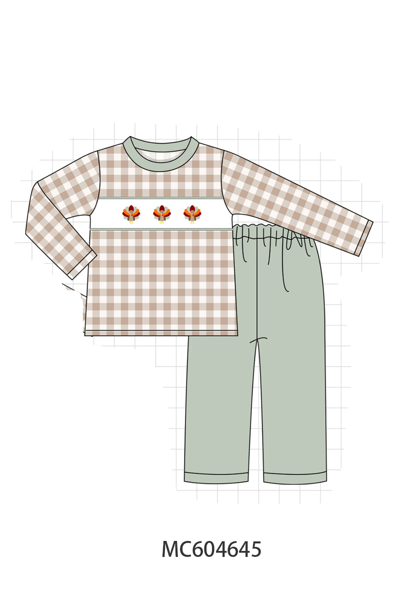Brown turkey embroidery gingham pants set