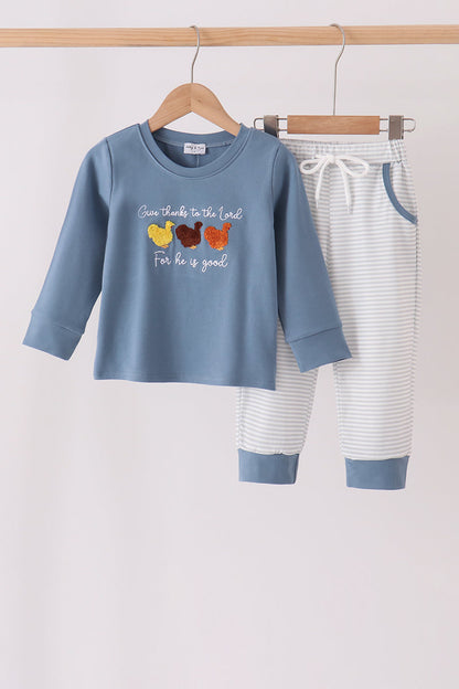 Teal turkey french knot pants set