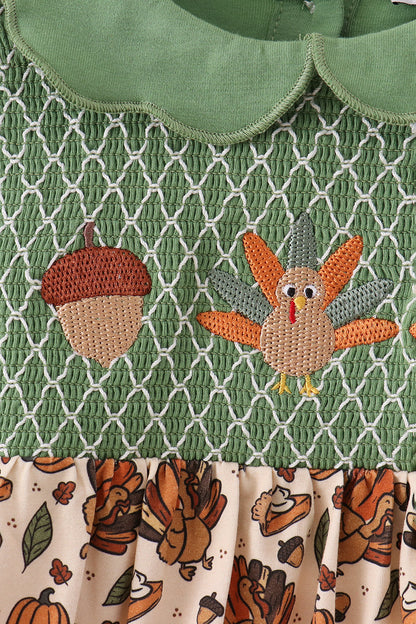 Green pumpkin turkey smocked dress