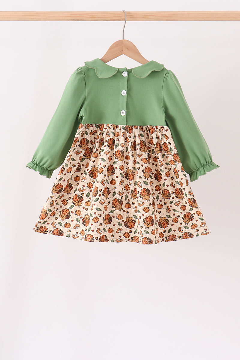 Green pumpkin turkey smocked dress