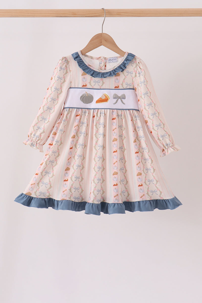 Pumpkin Pie Bow Embroidery Ruffle Dress