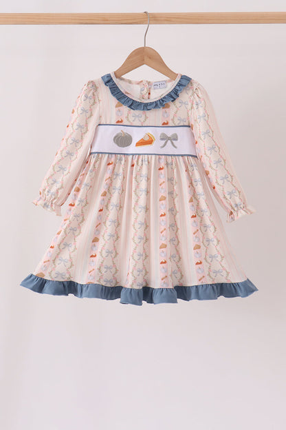 Pumpkin Pie Bow Embroidery Ruffle Dress