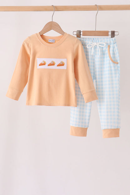 Pumpkin Pie Bow Embroidery Gingham Pants Set