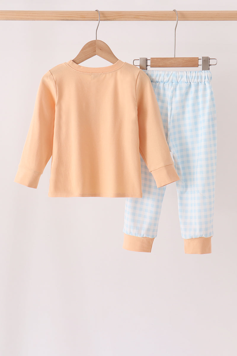 Pumpkin Pie Bow Embroidery Gingham Pants Set