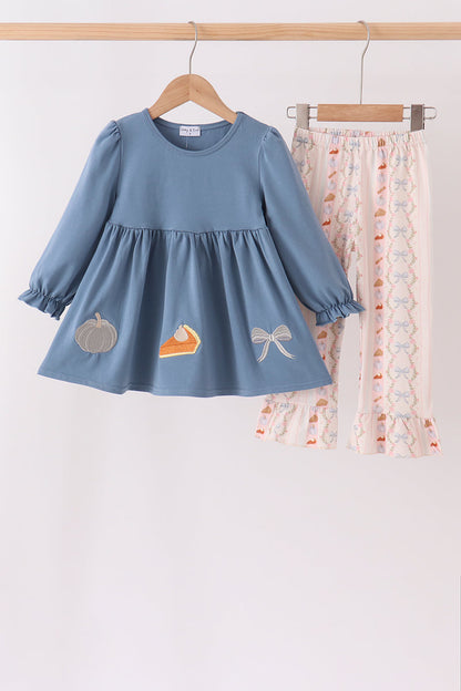 Pumpkin Pie Bow Embroidery Ruffle Pants Set