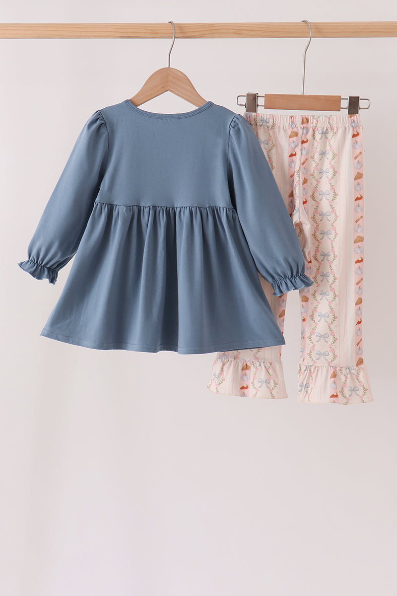 Pumpkin Pie Bow Embroidery Ruffle Pants Set
