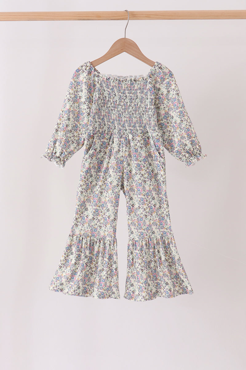 Blue floral smocked jumpsuit