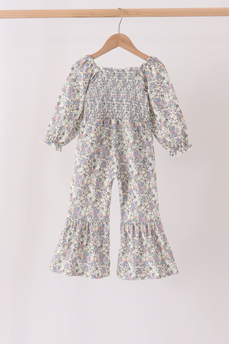 Blue floral smocked jumpsuit