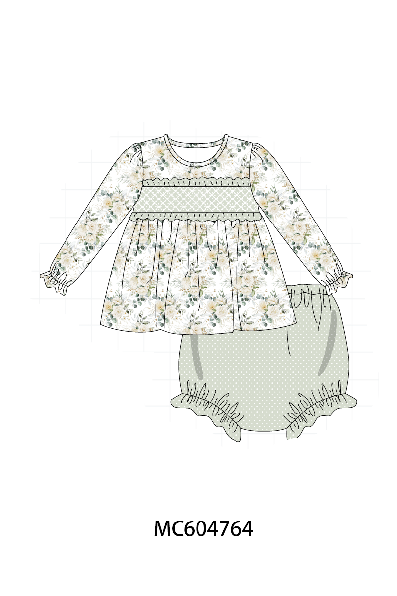 Sage floral smocked ruffle bloomer set