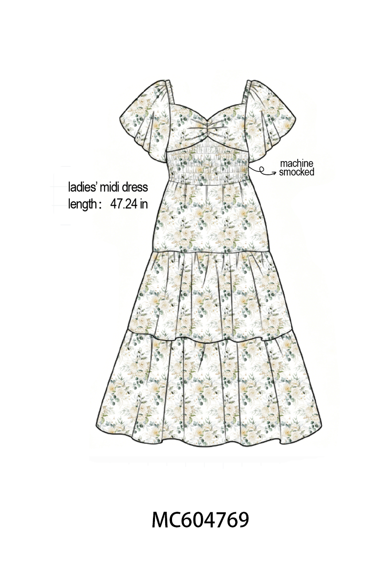 Sage floral smocked tiered mom dress