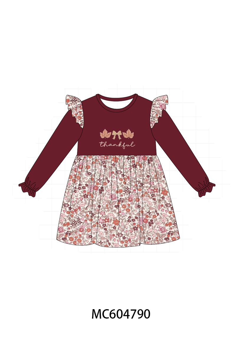 Maroon thankful leaves floral embroidey dress