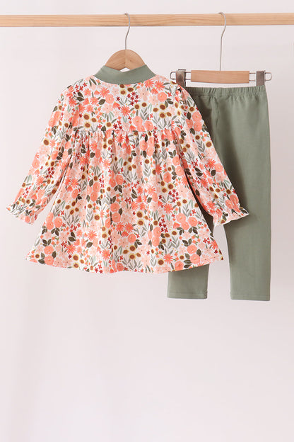 Green floral bow pants set