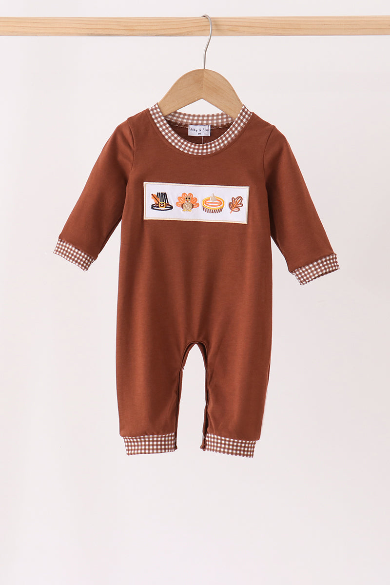 Brown turkey embroidery romper