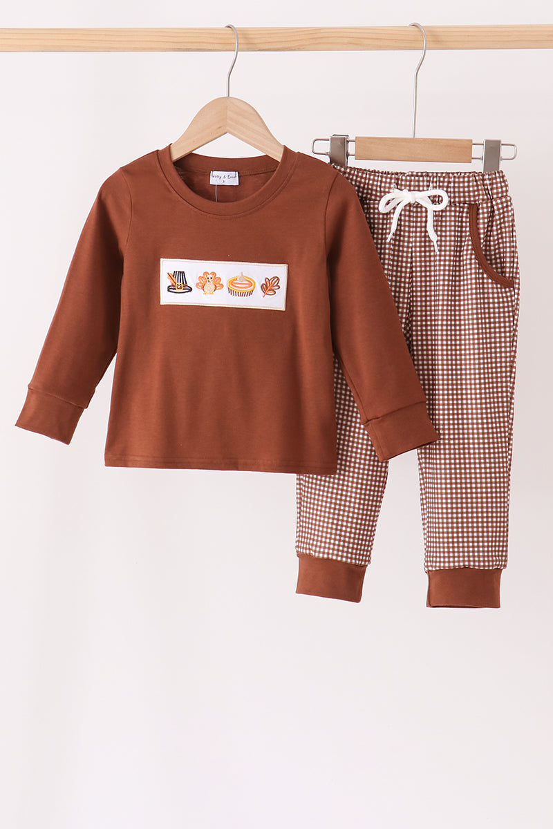 Brown Turkey Embroidery Pants Set