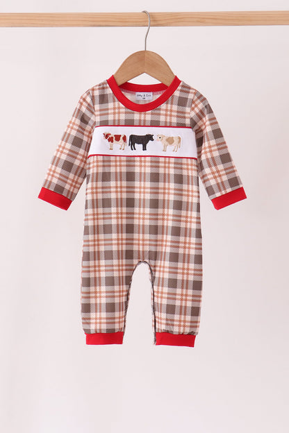 Brown Cow Embroidery Plaid Romper