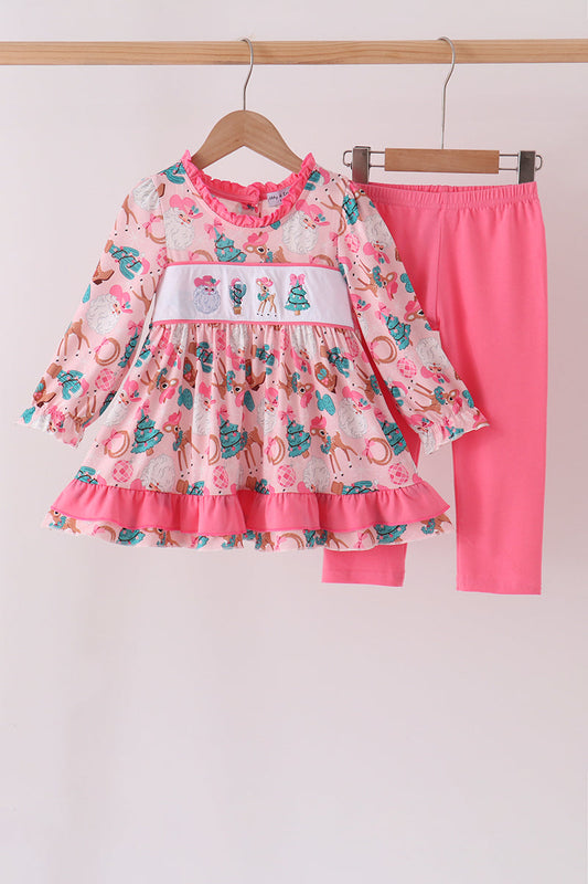 Pink Cowboy Santa Embroidery Ruffle Pants Set