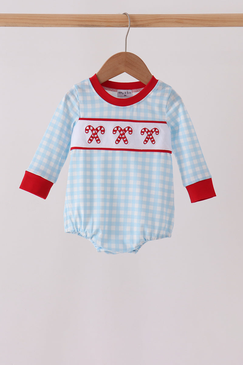Blue Candy Cane Embroidery Gingham Bubble