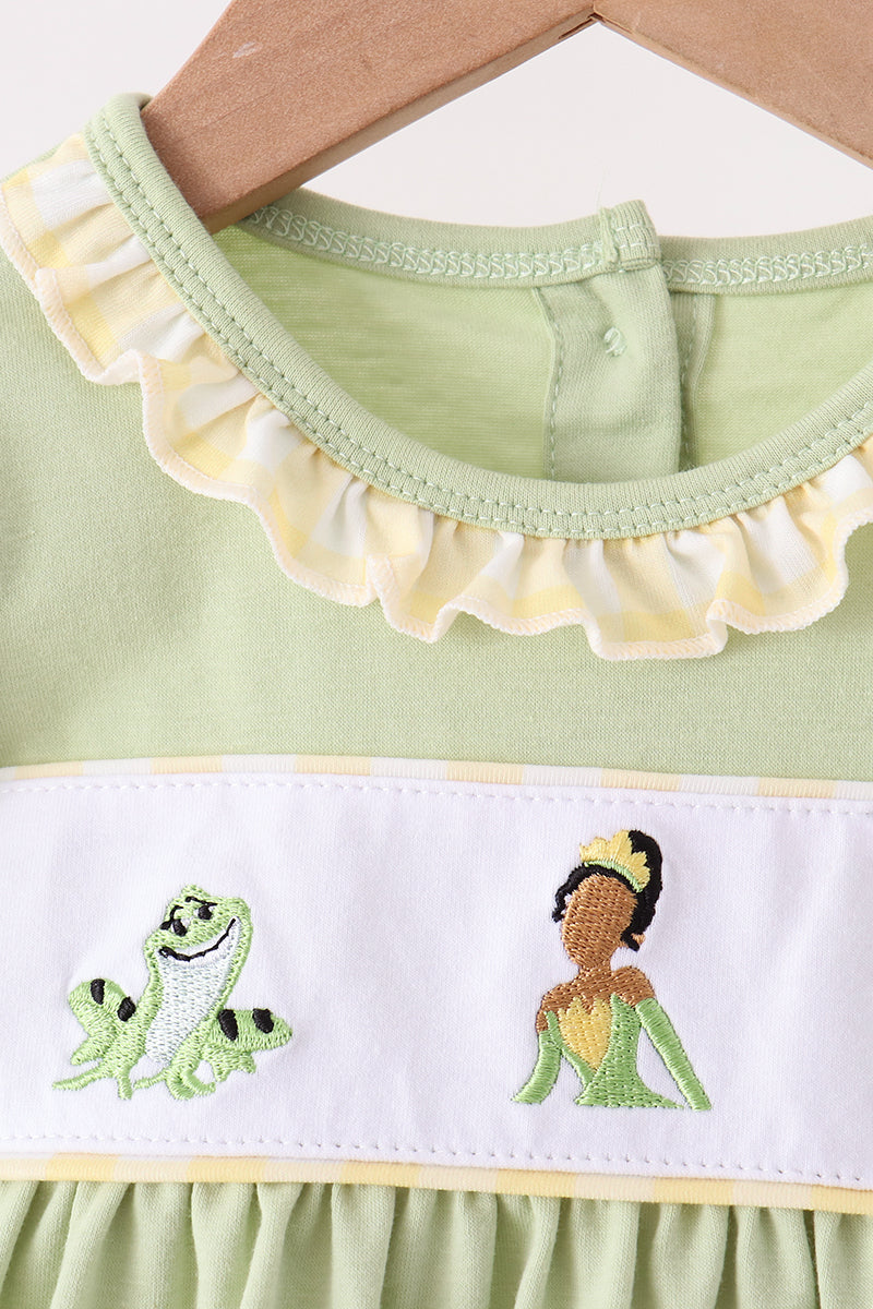 Green Princess Frog Embroidery Ruffle Bloomer Set