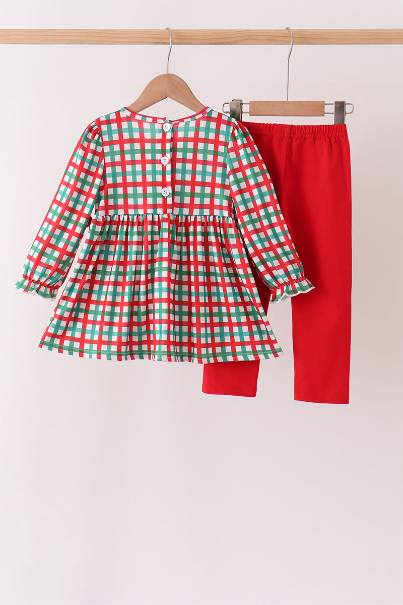 Red Character Embroidery Gingham Ruffle Pants Set