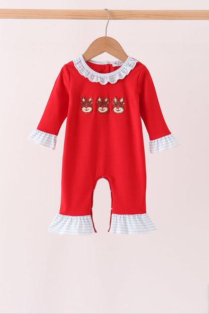 Red Reindeer French Knot Ruffle Romper