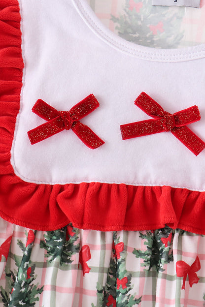 Red Bow Embroidery Velvet Ruffle Pants Set