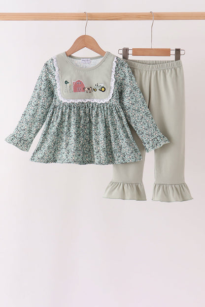 Green Farm Floral Embroidery Ruffle Pants Set
