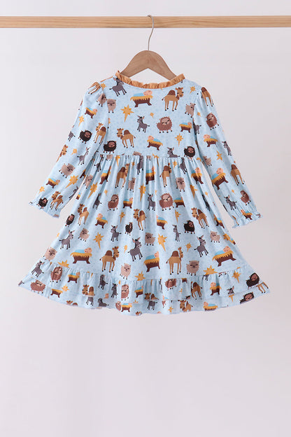 Blue Nativity Ruffle Bamboo Dress