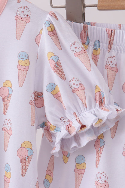 Pink ice cream print bamboo ruffle pajama set