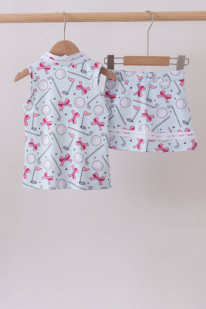 Blue golf bow print 2pc skorts set