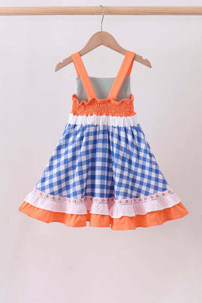 Sage strawberry embroidery ruffle gingham dress