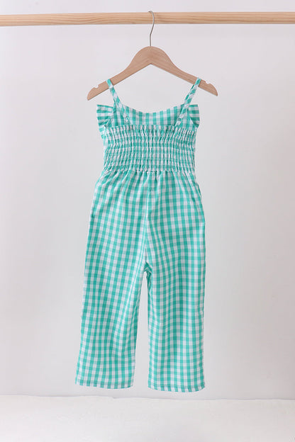 Green bow gingham jumpsuit