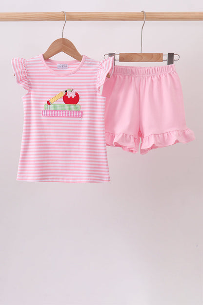 Pink Apple Pencil Embroidery Short Set
