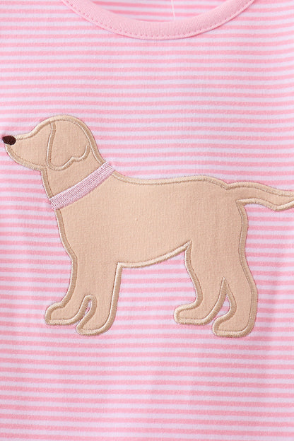 Pink stripe puppy embroidery ruffle pants set