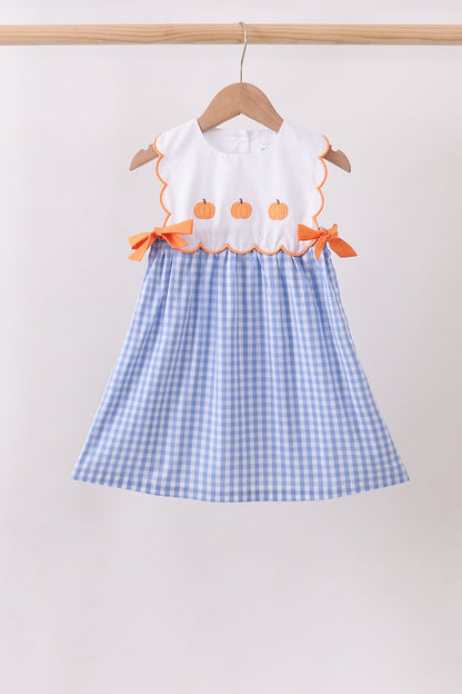 Blue gingham pumpkin embroidery bow dress