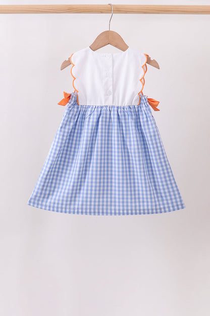 Blue gingham pumpkin embroidery bow dress
