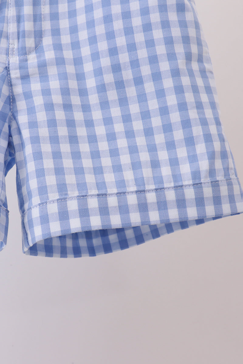 Blue gingham pumpkin embroidery shorts set