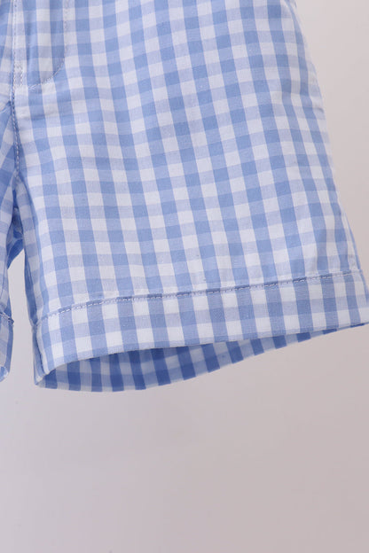 Blue gingham pumpkin embroidery shorts set
