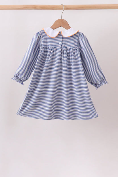Teal stripe pumpkin embroidery ruffle dress