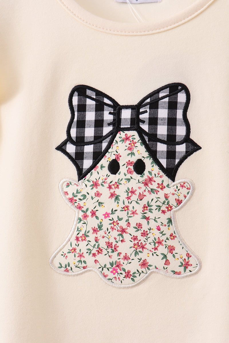 Beige ghost bow embroidery pants set