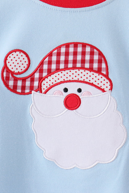Blue santa claus embroidery gingham pants set