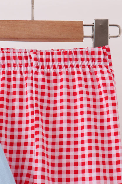 Blue santa claus embroidery ruffle gingham pants set