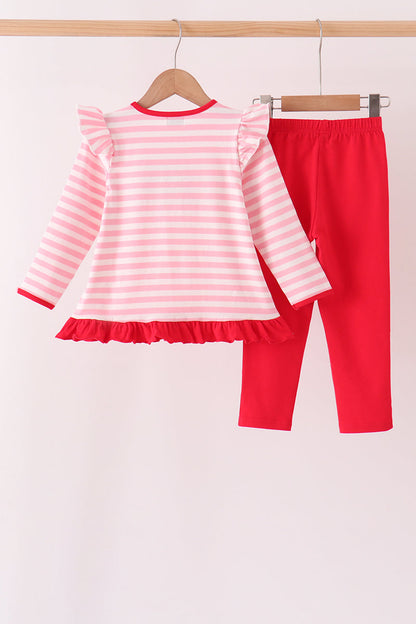 Pink stripe gingerbread embroidery ruffle pants set