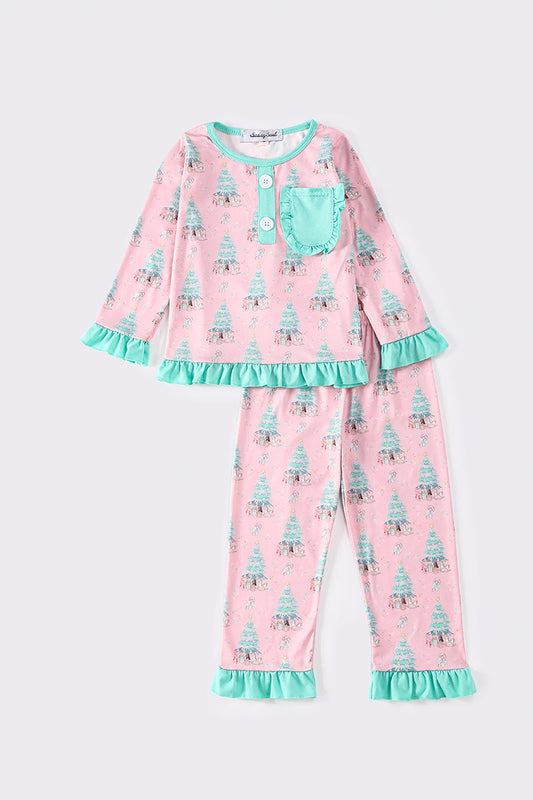 Green christmas tree print girl pajamas set